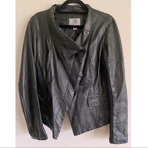 Inked & Faded Faux Leather Button Up Bomber Jacket with Knit Inner Sleeves  - L